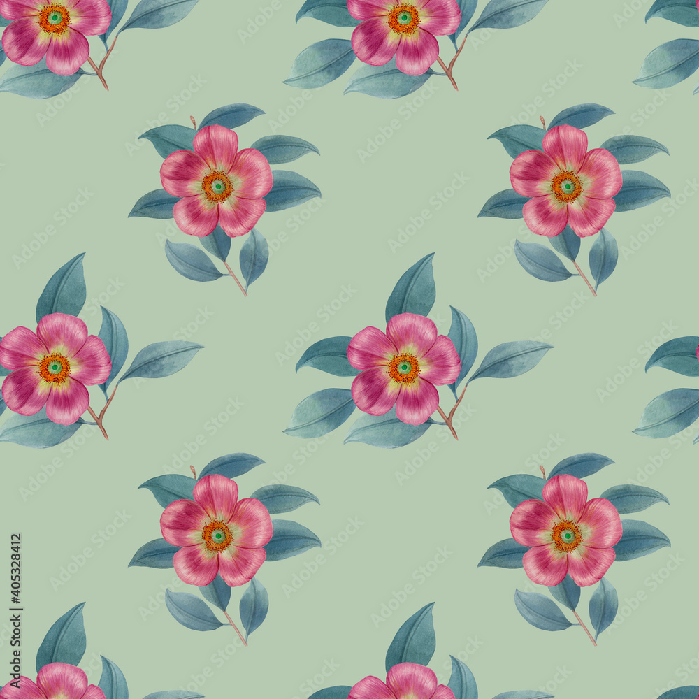 Seamless pattern on a light green background. endless motif for textiles, prints, wallpapers, wrapping paper. Delicate watercolor flowers.