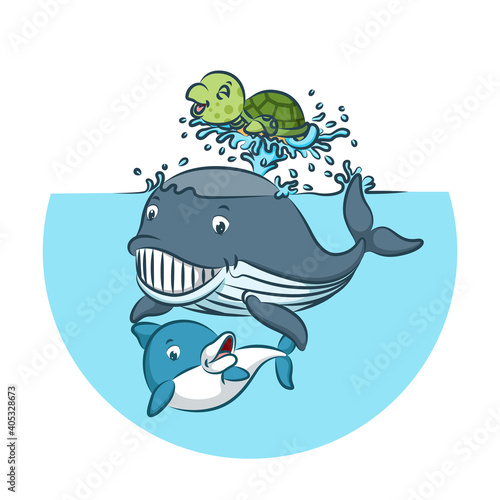 The whale and shark is playing together with the green tortoise