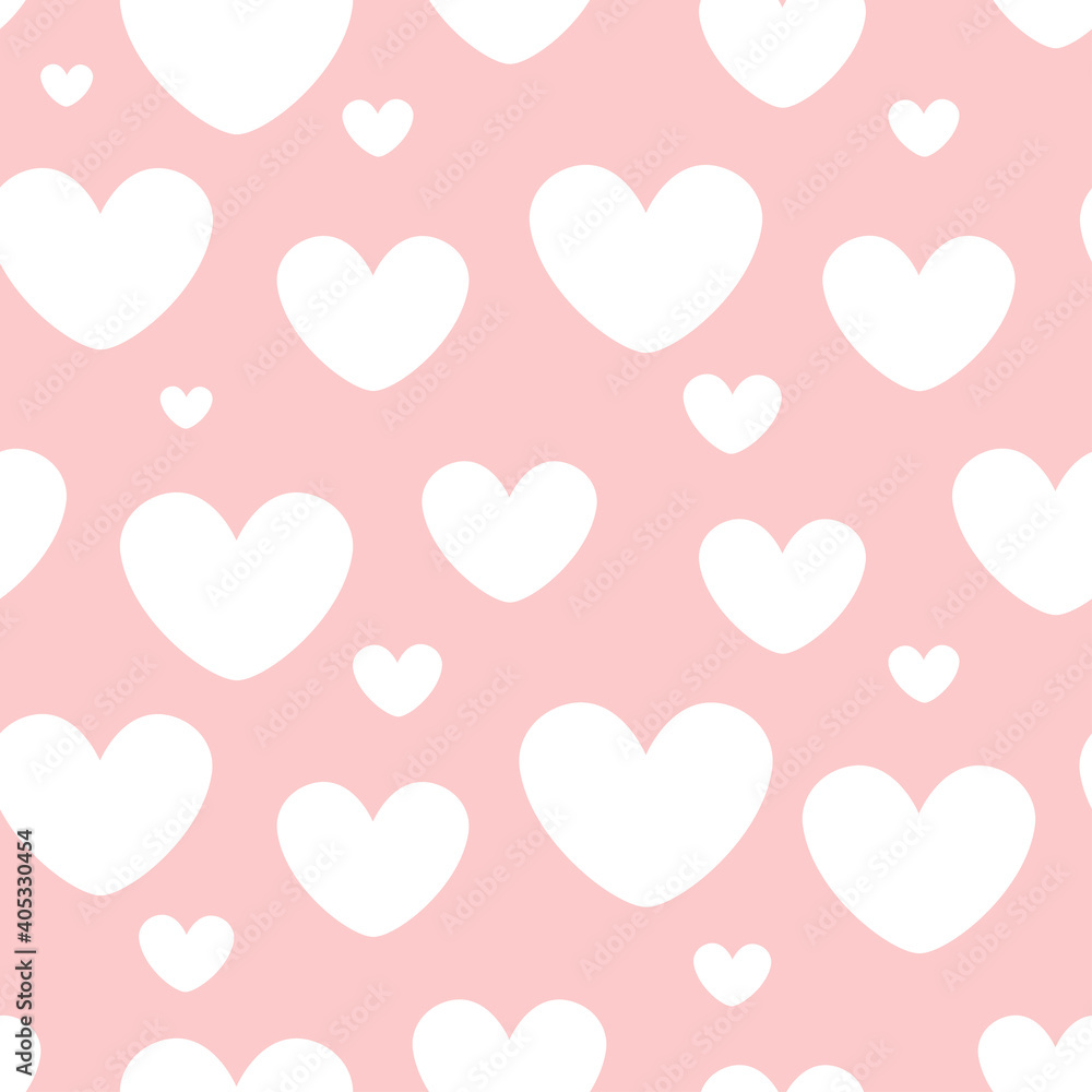 White hearts seamless pattern on a pink background.
