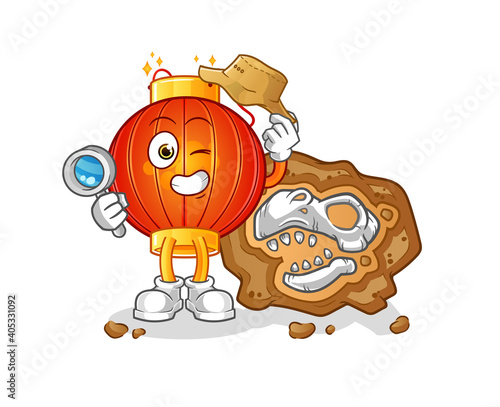 Chinese lantern archaeologists with fossils mascot. cartoon vector