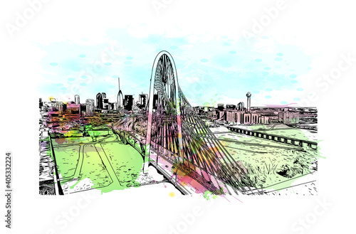 Building view with landmark of Dallas is the
city in Texas. Watercolour splash with hand drawn sketch illustration in vector.