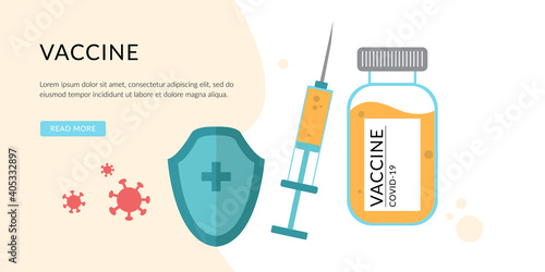 Vaccine against COVID-19 virus. Prevention injection, immunization. Coronavirus vaccine conecpt. Landing page template. Modern flat concept for web design.