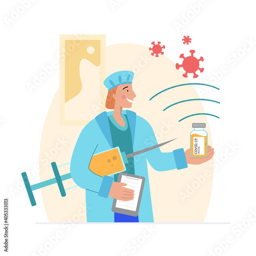 Vaccine against COVID-19 virus. Prevention injection, immunization. Coronavirus infection treatment. The doctor holds a large syringe and a vaccine for coronavirus in his hands.