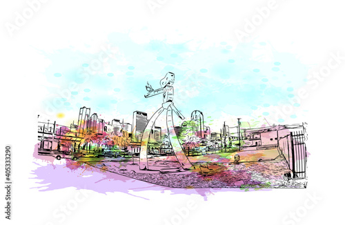 Building view with landmark of Dallas is the
city in Texas. Watercolour splash with hand drawn sketch illustration in vector.