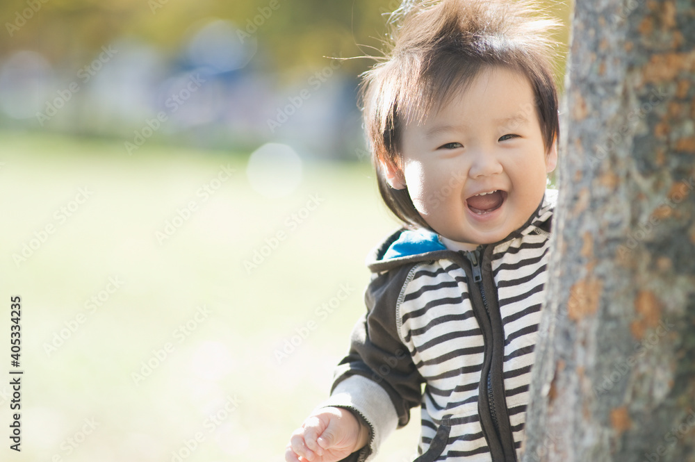 樹から覗く笑顔の赤ちゃん 樹から覗く笑顔の赤ちゃん