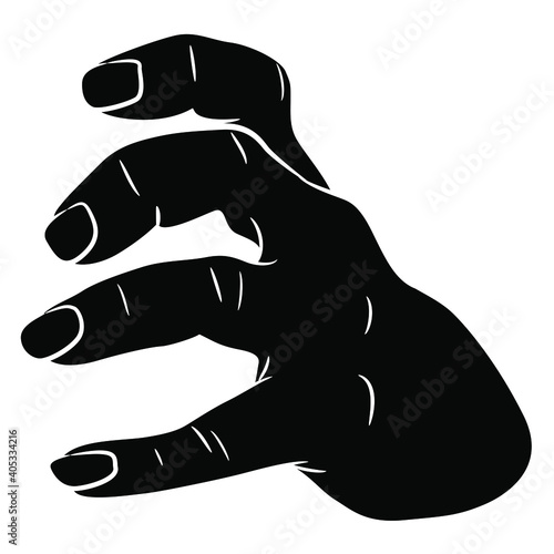 Empty human hand with clenched fingers. Grasping or holding gesture. Front view. Black and white silhouette. Cartoon style.
