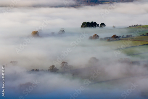Trees emerging above banks of fog over farmland in a beautiful rural valley
