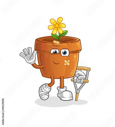 flower pot sick with limping stick. cartoon mascot vector