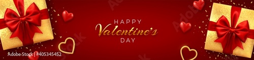 Happy Valentine's Day banner or header website. Realistic gift boxes with red bow, and shining red and gold 3d balloons hearts with glitter texture and confetti on red background. Vector illustration.