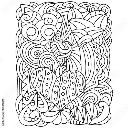 Coloring page with patterns and hearts for Valentine's day, abstract anti stress drawing