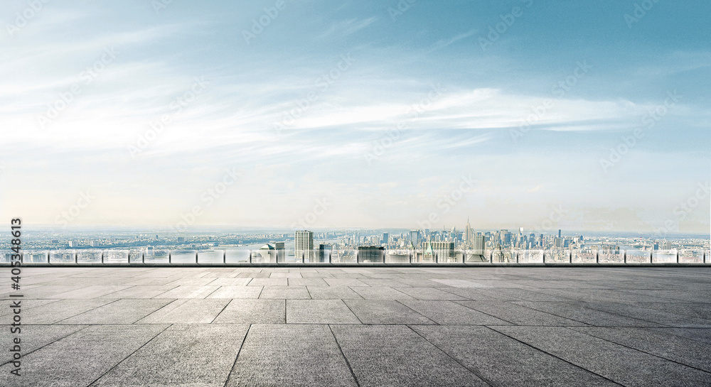Panoramic skyline and buildings with empty concrete square floor. mpty concrete floor and cityscape in blue sky. Modern square and skyscrapers. Empty concrete square floor with skyline background.