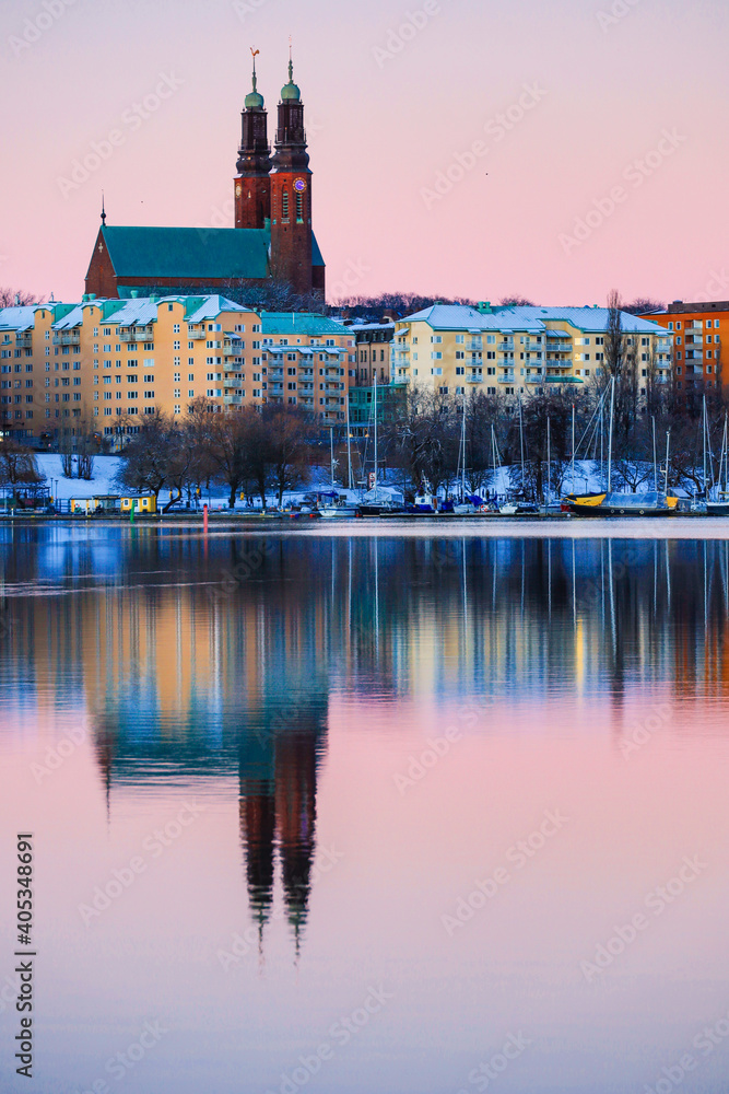 Fototapeta premium Stockholm, Sweden Hogalids Church looming over the Hornstull neighborhood.
