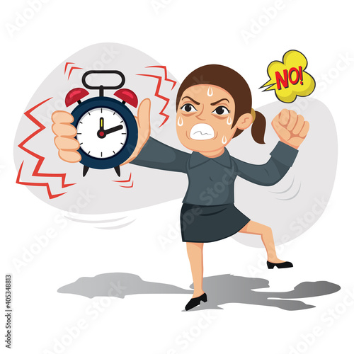 Angry female boss holds alarm clock