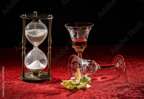 old time elements like hourglass, and wine glass