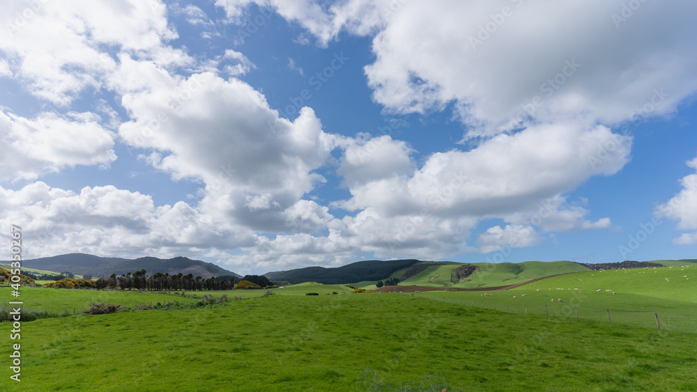 Beautiful green hills with cloudy sky on a summer day