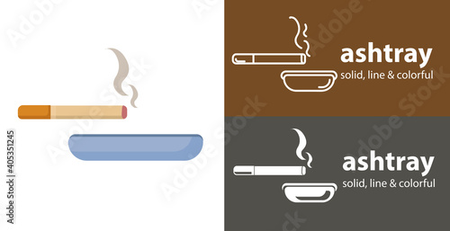 ashtray with cigarette isolated vector flat icon with smoking solid, line icons
