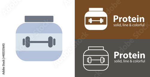Protein powder jar. Bodybuilding food supplement isolated vector flat icon with sport solid, line icons