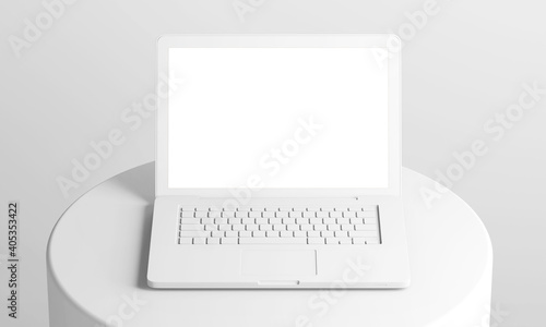 front view grey clay mobile laptop on cylinder podium with empty space screen monitor 3d render in center composition