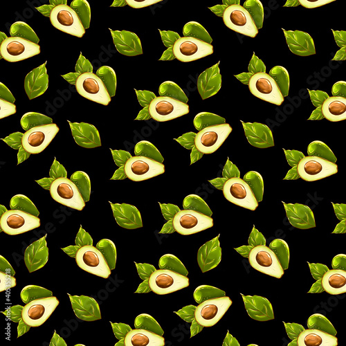 Avocado seamless pattern. Whole avocado with leaf. Texture for eco and healthy food
