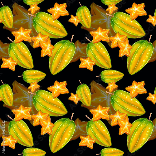 Seamless pattern with exotic tropical carambola fruits. Sweets and yummies.