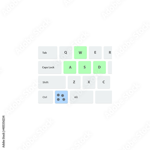 Gaming keyboard with colored buttons isolated white background