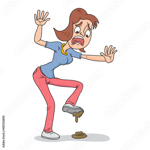 Woman walking on the dog poop or shit