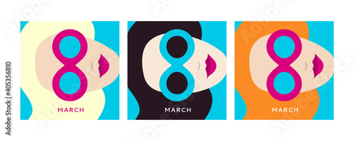 8 March. International women's day (IWD) - women's rights Day and femininity day. Greeting card, banner.  Flat design. Woman in sunglasses of different nationalities. Vector illustration.