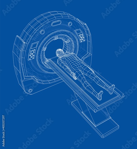 MRI machine scanning patient inside. Vector