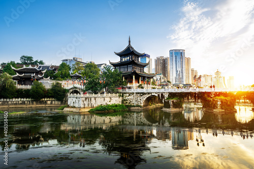 Guiyang, China skyline at Jiaxiu Pavilion on the Nanming River. Translation:"The most beautiful pavilion"