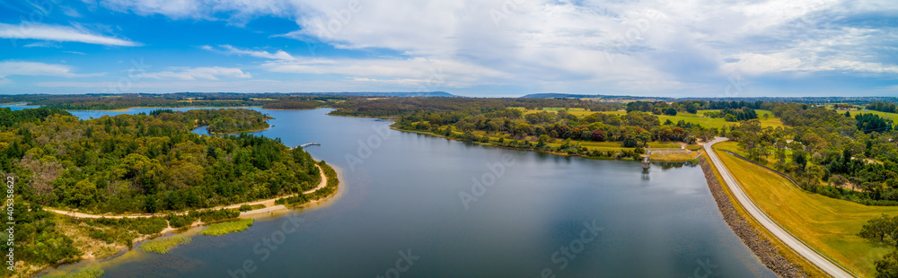 Wide aerial panorama of Devilbend Reservoir Lake on Mornington Peninsula, Victoria, Australia