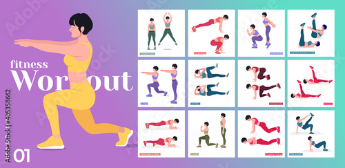 Women Workout Set. Women doing fitness and yoga exercises. Lunges, Pushups, Squats, Dumbbell rows, Burpees, Side planks, Situ ps, Glute bridge, Leg Raise, Russian Twist, Side Crunch .etc