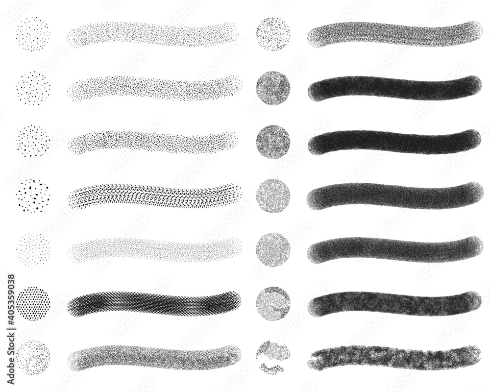 Set of 14 fixed and random scatter brushes + symbols (sprayer) + editable templates vector in dot grunge pattern. Created using AI CS6.