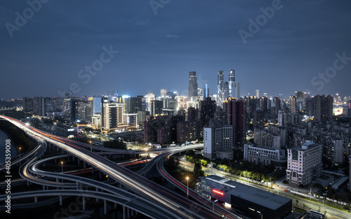 The night scene of Honggutan financial district and the developed urban traffic viaduct