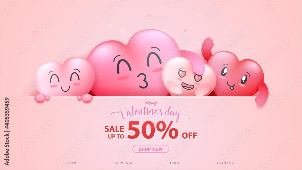 Happy valentine's day greeting poster or banner sale 50% off. promotion and shopping template, 3D sweet hearts on pink background.