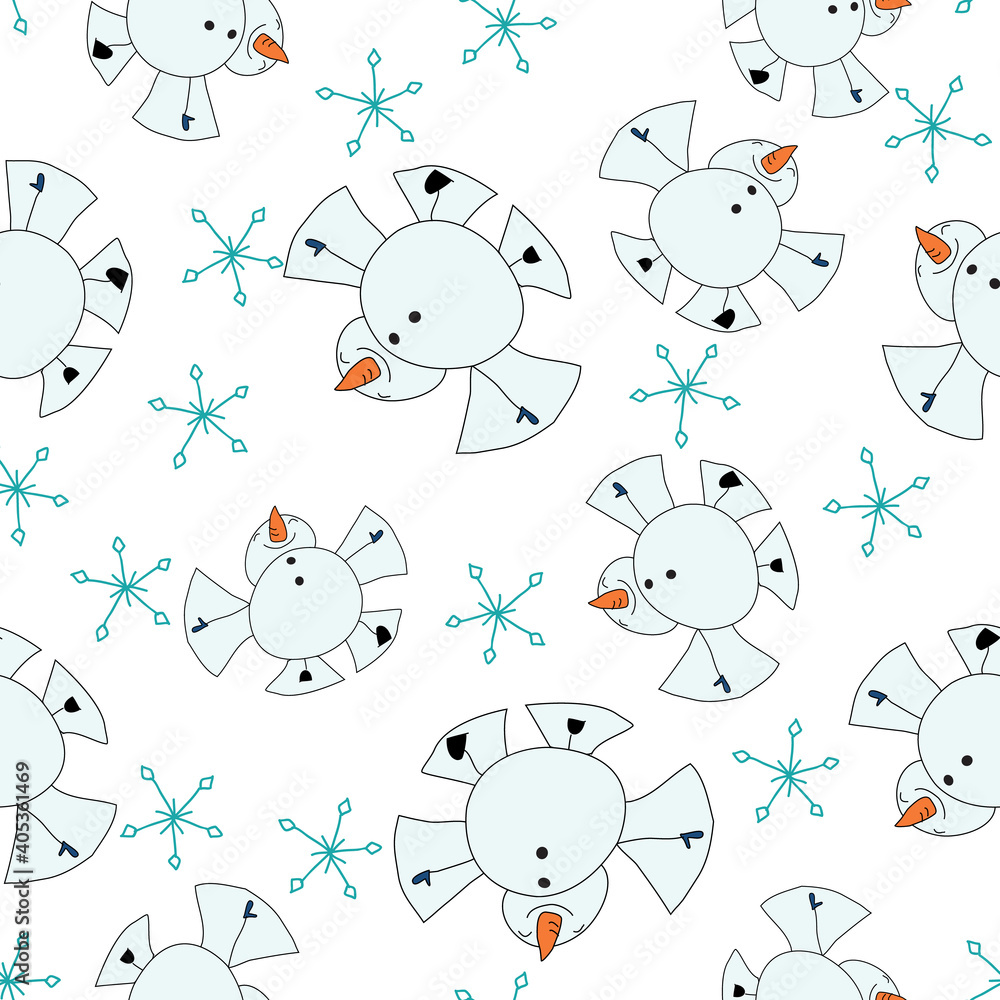 Snowman making snow angels seamless vector repeat surface pattern design Snowman making snow angels seamless vector repeat surface pattern design