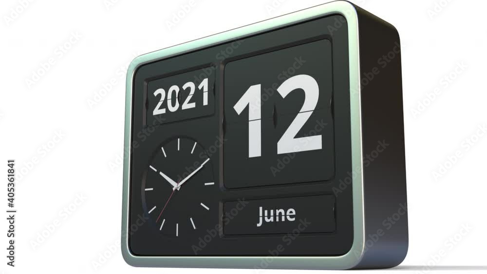 June 12 date on the flip clock calendar, 3d animation June 12 date on the flip clock calendar, 3d animation