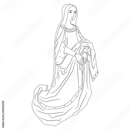 Kneeling medieval young lady in beautiful long dress. Black and white linear silhouette.