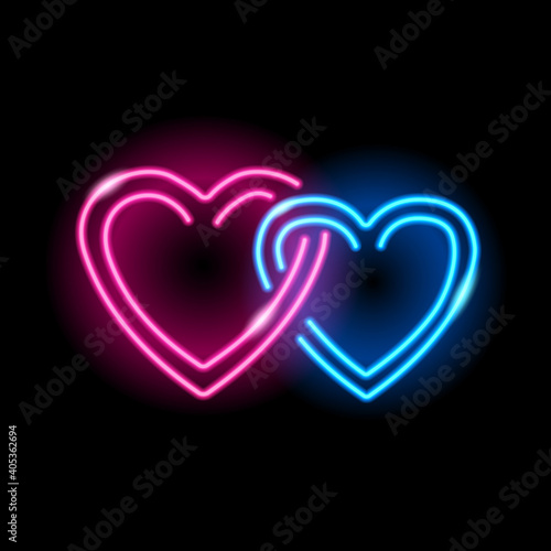 Neon icon of two intertwined hearts isolated on black background. Blue and pink connected heartshape symbols. St. Valentine Day, lovers, wedding concept. Vector 10 EPS illustration.