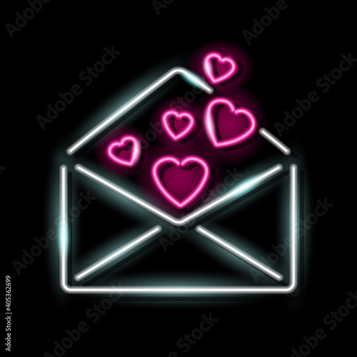 Neon icon of open envelop with loving hearts inside isolated on black background. Love letter, St. Valentine Day, mail concept. Vector 10 EPS illustration.