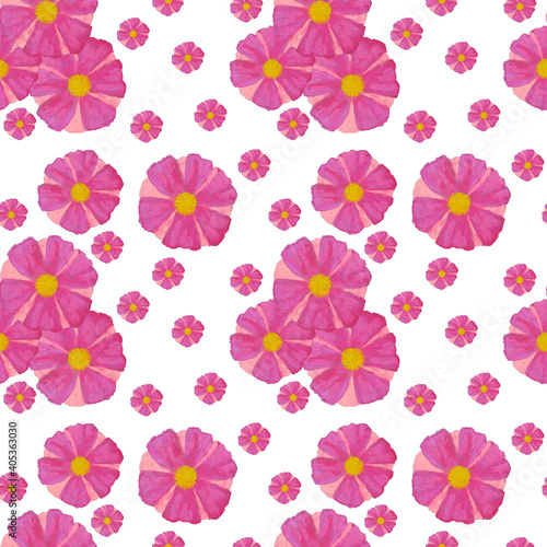 Pink flowers seamless pattern on a white background. The illustration is hand drawn with pastels.