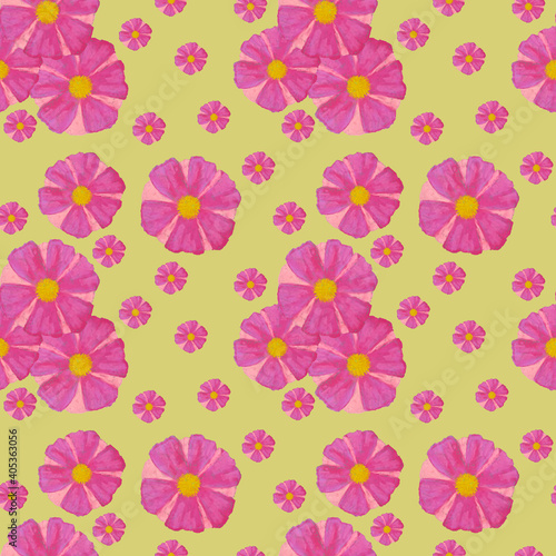 Seamless pattern of pink flowers on a yellow background. The illustration is hand drawn with pastels.