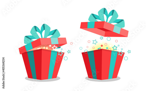 Opened red gift box and flying up lid with bow, magic surprise inside. Isolated gifts on a white background. Holiday and magic concept. Vector cartoon flat design