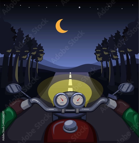 riding motorcycle in forest night, rider view dashboard scene concept in cartoon illustration vector