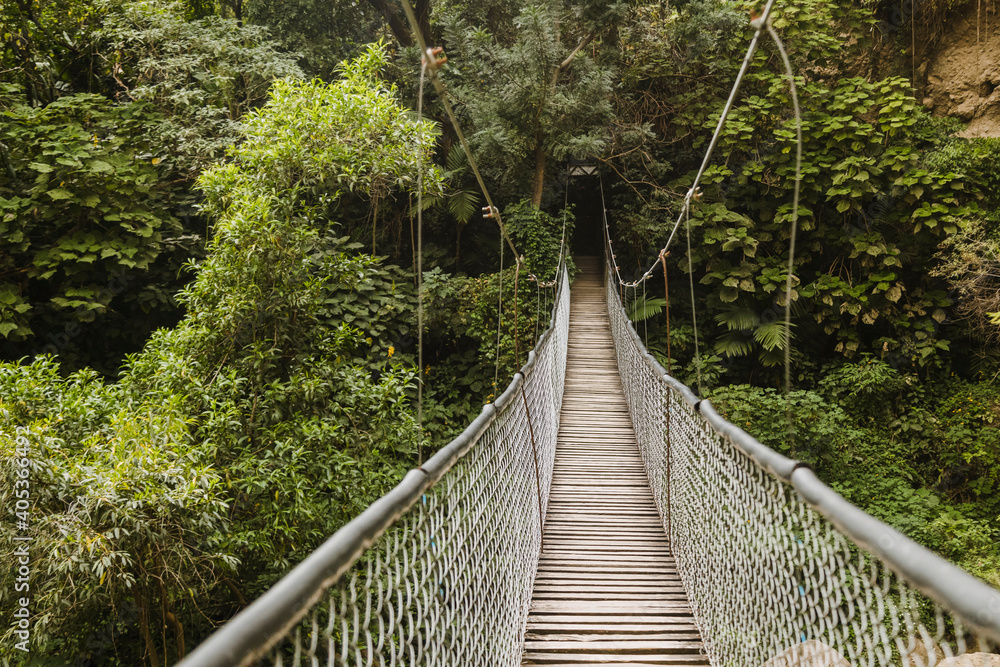 Obraz premium Suspension bridge in the middle of the forest on a cloudy day - suspension bridge in a natural park in Guatemala