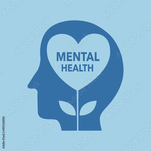 Silhouette of human head with heart shape  flower inside. Mental health concept vector illustration. Psychological therapy and treatment. World mental health day.
