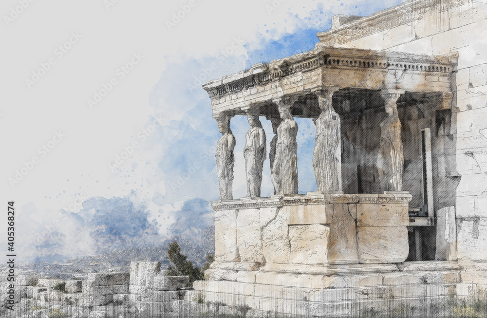 Naklejka premium Ancient Sites ruins of ancient temple on Acropolis hill in Athens, Greece. Watercolor splash with hand drawn sketch illustration