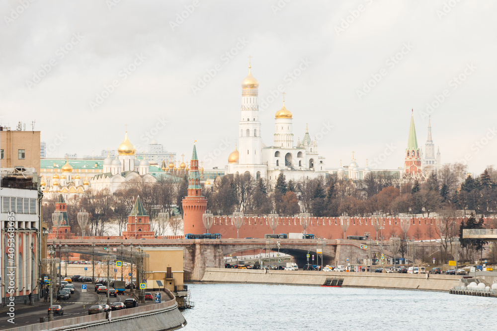 Moscow, Russia.  River, The Kremlin wall (east and southside) , towers, temples. Bolshoy Moskvoretsky bridge.