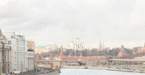 Moscow  Russia.  River  The Kremlin wall  east and southside    towers  temples. Bolshoy Moskvoretsky bridge.