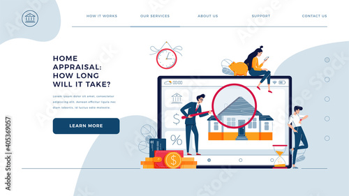 Home appraisal process web template. House owners await an assessment results while inspector is doing real estate estimation. Time of property appraisal process for homepage. Flat vector illustration