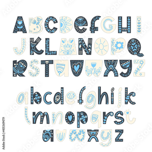Hand drawn latin alphabet in scandinavian style. Folk art font with flower and leaves ornament. For typography poster, card, label, banner design.